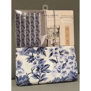 Laura Ashley Fabric Shower Curtain Floral Blue White - NEW